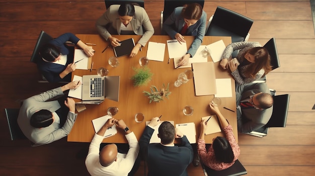 Foto reunião de um grupo de empresários filmada de cima no escritório