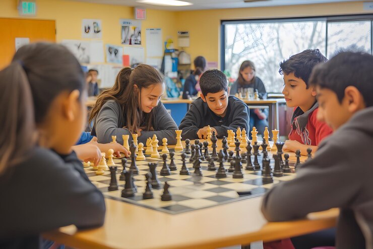 Foto reunião do clube de xadrez da escola com alunos jogando xadrez
