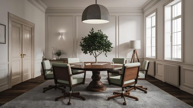 Reunião em 3D com cadeiras, mesa redonda de madeira, tapete branco e pequena árvore