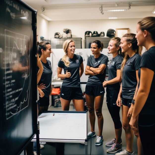 Foto reunião estratégica discussão estratégica de jogadoras de futebol feminino com quadro branco sigma sd quattro h