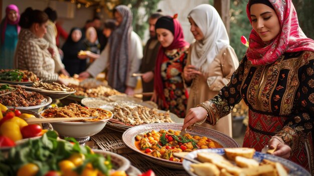 Reunião festiva de Nowruz com trajes e comida tradicional persa