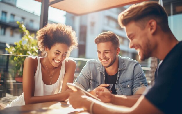 Foto reunião social ao ar livre amigos assistindo vídeo no telefone celular