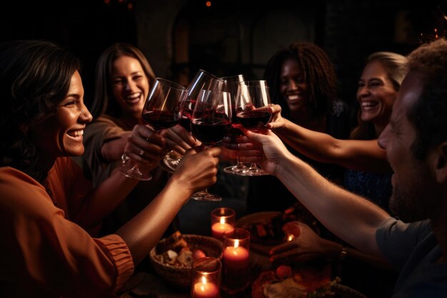 Reunião social de jovens interraciais e bebida de vinho vermelho