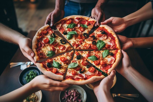 Reunidos em torno da mesa, um grupo de amigos se delicia com uma deliciosa pizza recém-assada, saboreando cada fatia saborosa gerada por Ai