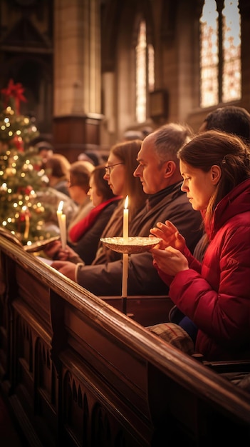 Foto reunidos em uma igreja, as pessoas celebram alegremente o natal em torno de uma árvore decorada segurando