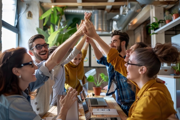 Foto reuniendo el trabajo en equipo y el retrato del equipo de negocios celebrando el éxito en una agencia de tecnología profesional