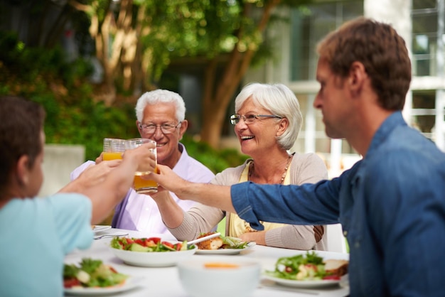 Reuniões de família são muito divertidas foto de uma família brindando uns aos outros durante um almoço do lado de fora