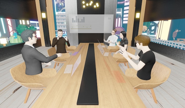 Reuniões online em Metaverse Workrooms e salas de aula nos avatares de pessoas do mundo Metaverse