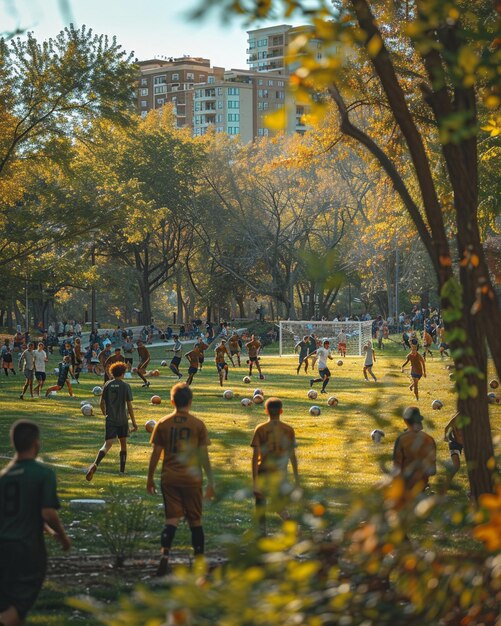 Foto una reunión de amigos jugando al fútbol