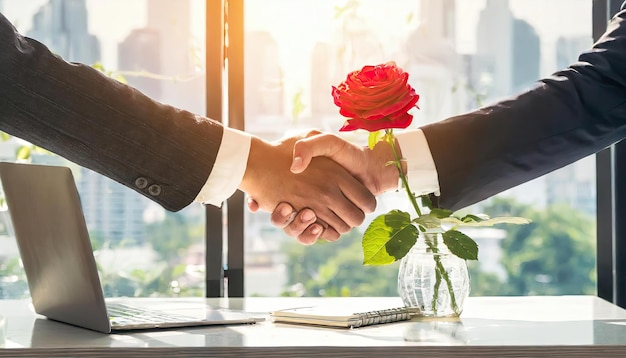 Reunión de asociación de negocios Imagen de hombres de negocios estrechando la mano de una flor en un jarrón en la espalda Generada por IA