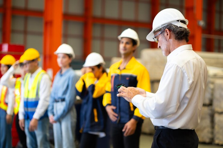 Reunión breve de la mañana Ingenieros supervisores profesionales discusión de asignaciones juntos antes de comenzar a trabajar Reunión matutina de la fábrica de perfiles de chapa de metal Producción industrial