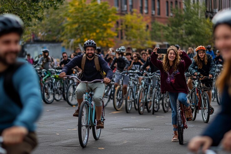 Reunión de ciclistas disfrutando de un vibrante paseo en grupo por las calles de la ciudad IA generativa
