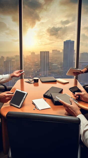 Una reunión de directorio con todos los participantes con sus celulares o tabletas en mano generativa Ai