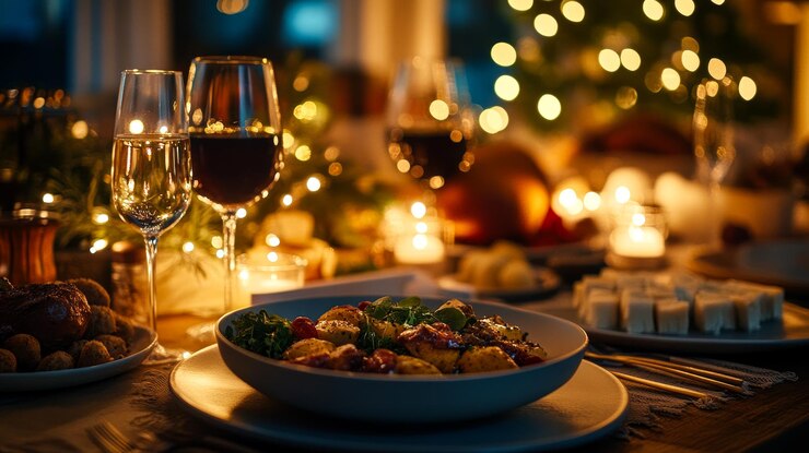 Reunión elegante con invitados comiendo bajo una iluminación cálida