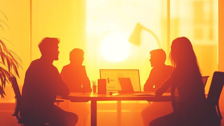 Reunión del equipo al atardecer en una oficina brillante con siluetas de profesionales que colaboran