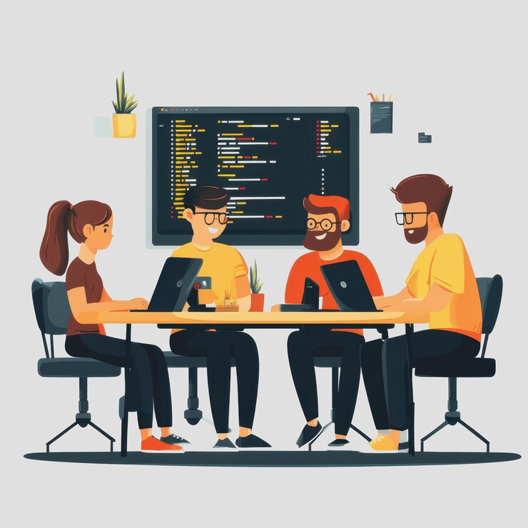 Foto reunión de equipo colaborativo en una oficina moderna con diversidad analizando datos y compartiendo ideas alrededor de una mesa con portátiles y plantas