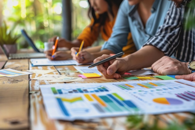 Reunión del equipo de negocios para analizar gráficos de datos para planes de marketing y ganancias de la oficina