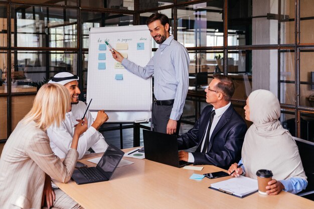 Reunión del equipo de negocios corporativos multiétnicos en la oficina para un plan de marketing estratégico: trabajadores de oficina, empresarios y empleado de la empresa en el trabajo en una empresa multinacional