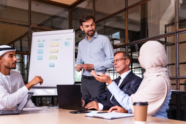 Reunión del equipo de negocios corporativos multiétnicos en la oficina para un plan de marketing estratégico: trabajadores de oficina, empresarios y empleado de la empresa en el trabajo en una empresa multinacional