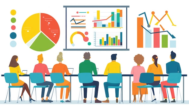 Reunión de estrategia empresarial Análisis de la competencia Discusión de la estrategia de mercado Ilustración contra un whi