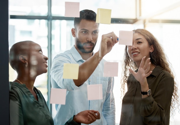 Reunión de estrategia de equipo sobre investigación, publíquelo en una pared de vidrio y planee el trabajo en grupo juntos Gente de negocios lluvia de ideas análisis visión think tank ideas colaboración pensamiento y notas adhesivas