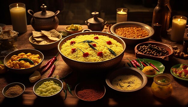 una reunión familiar alrededor de una configuración de comedor con una fiesta tradicional 'Khichdi' Makar Sankranti