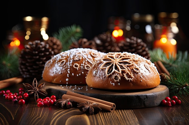 Una reunión familiar y las tradiciones de año nuevo se imaginan en una panadería navideña con galletas de jengibre caseras en una bandeja para hornear junto a una decoración de ramas de pino en una mesa de madera