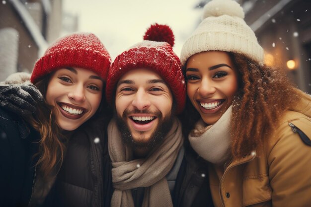 Reunión festiva de jóvenes multirraciales en invierno