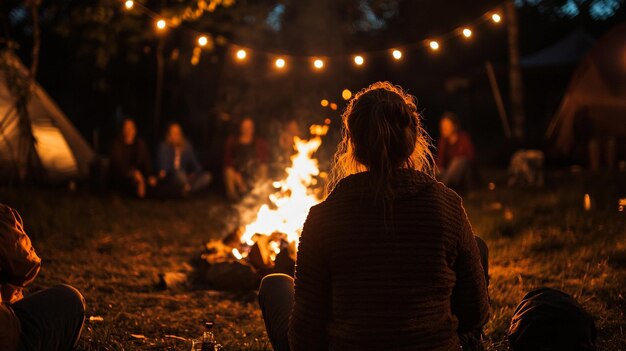 Reunión de fogatas al anochecer con amigos disfrutando de una noche al aire libre bajo luces de cuerda