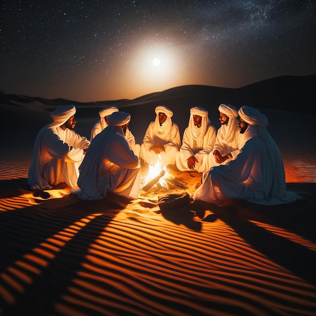 Reunión de fuego de campamento en la noche en el desierto con vestidos tradicionales