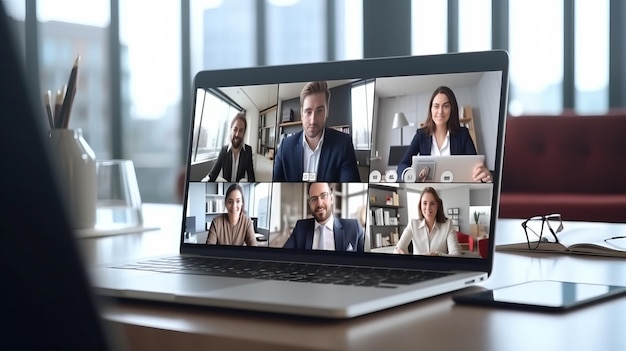 Reunión de un grupo de empresarios en videoconferencia en un monitor de portátil