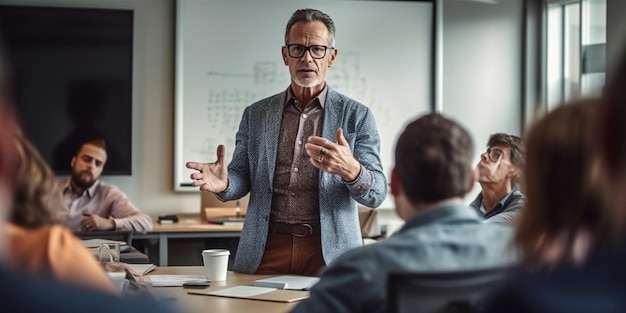 Reunión hombre oficina corporativa trabajo en equipo gerente de negocios persona grupo colega hombres de negocios IA generativa