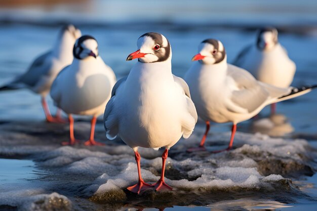 Foto reunión invernal de gaviotas adultas de cabeza negra en el estanque de hielo concepto de observación de aves vida silvestre de invierno aves del lago fotografía de la naturaleza vida silventosa de invierno comportamiento