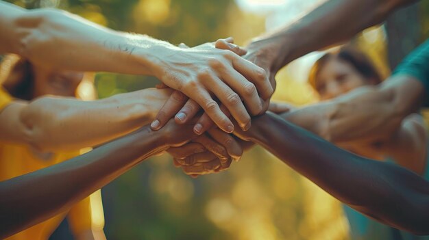 Una reunión multicultural de personas que se toman de la mano