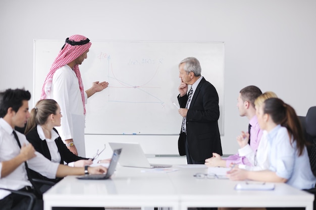 Reunión de negocios - Un apuesto joven árabe que presenta sus ideas a sus colegas y escucha ideas para inversiones exitosas en una sala de oficinas moderna y luminosa