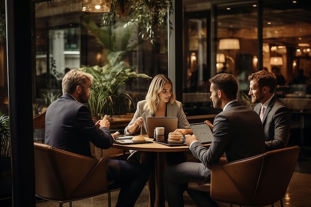 Reunión de negocios en un café con un grupo de profesionales Generative Ai