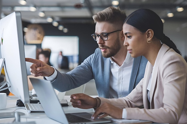Reunión de negocios colaborativa entre profesionales en un entorno de oficina moderno con portátiles y discu