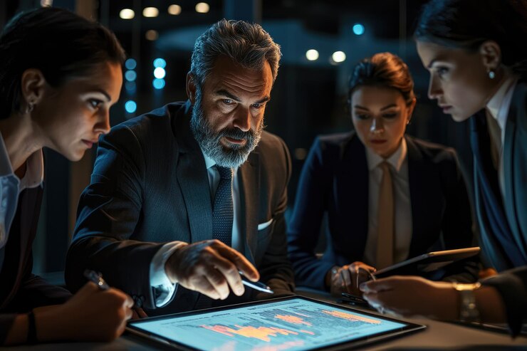 Reunión de negocios intensa con análisis de datos en la tableta en un entorno profesional