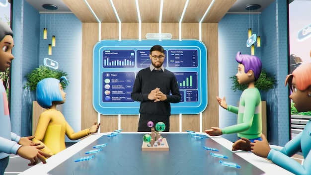 Reunión de negocios en línea en realidad virtual Gerente de proyecto de la oficina hablando con un grupo de avatares de Internet de colegas sentados en una mesa Concepto futurista de universo 3D trabajando desde casa