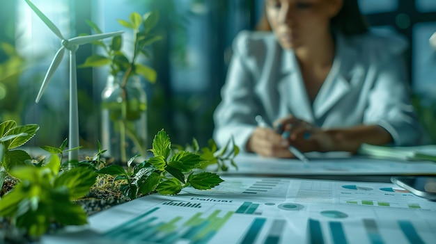 Foto una reunión de negocios con un modelo de mini molino eólico de tinte un concepto de reunión de negocios verdes con el espacio ia generativa