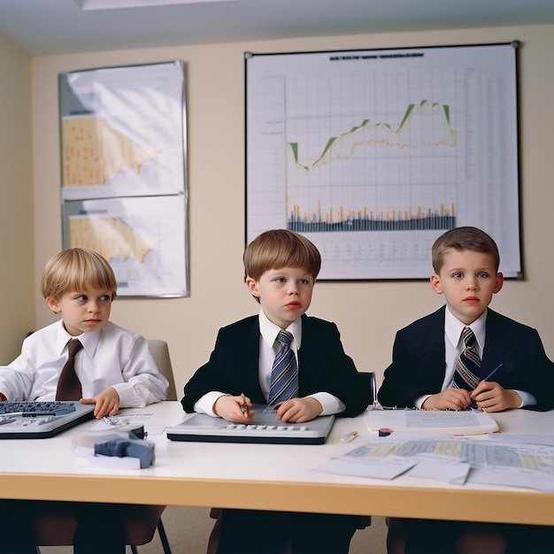 Reunión de negocios en la oficina Niños pequeños en trajes de oficina se sientan en una mesa y miran los gráficos de las acciones