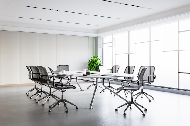 Reunión de negocios de representación 3d y sala de oficina de trabajo