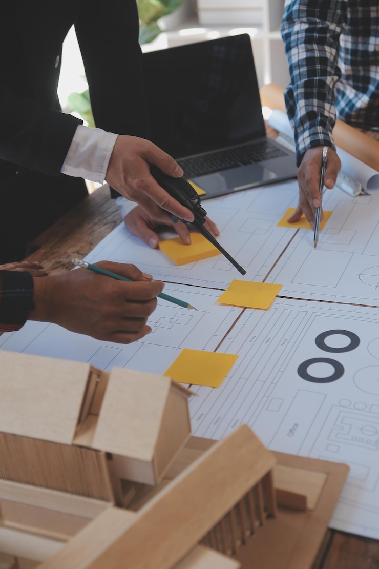 Foto reunión de trabajo en equipo de ingenieros trabajo de dibujo en una reunión de planos para un proyecto que trabaja con un socio en la construcción de modelos y herramientas de ingeniería en el lugar de trabajo concepto de construcción y estructura