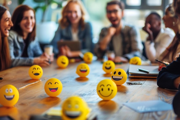 Foto reunión virtual con participantes que utilizan caras sonrientes virtuales