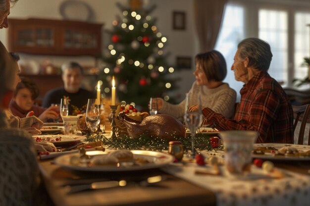 Reuniones familiares alegres alrededor de una mesa festiva oc