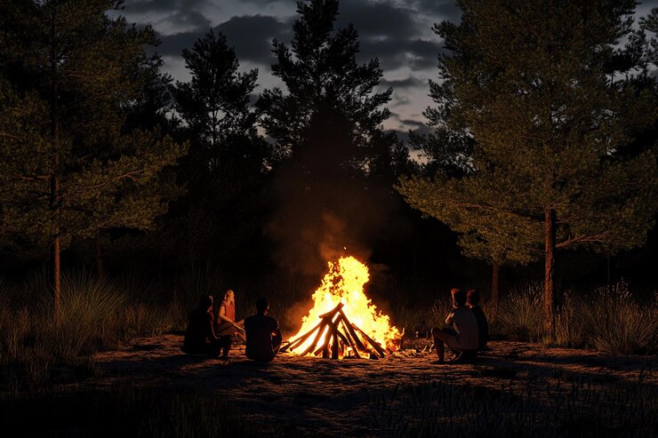 Reunirse alrededor de una fogata en el bosque por la noche con amigos y familia IA generativa