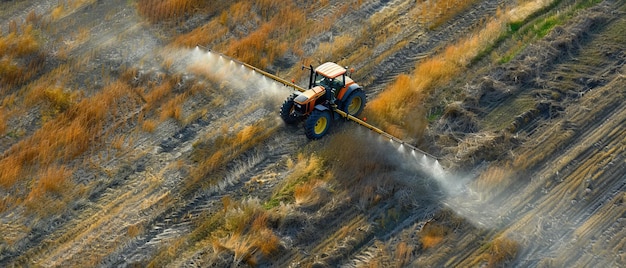 Foto revelando o debate vista aérea da pulverização de herbicida glifosato em terras agrícolas