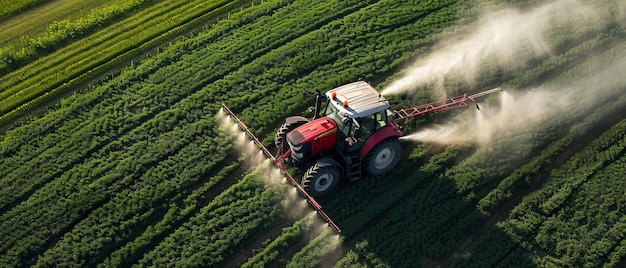 Foto revelando o debate vista aérea de um trator pulverizando o herbicida glifosato em terras agrícolas