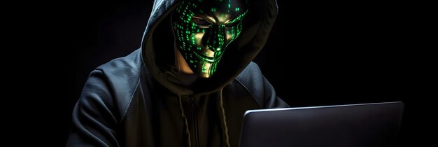 Foto revelando o mundo enigmático do crime cibernético a visão frontal de um hacker mascarado branco em meio ao capuz escuro