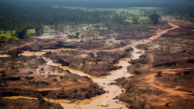 Foto revelando o pedágio devastador das minas ilegais de ouro, o legado trágico na floresta amazônica